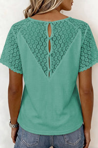 Mint Green Lace Splicing Button Cutout V Neck Waffle Knit Blouse