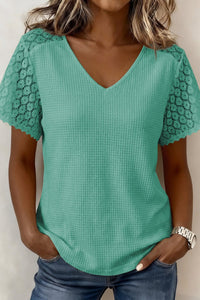 Mint Green Lace V-Neck Waffle Knit Blouse for Women - Trendy Cutout Design for Casual Chic Style and Comfort