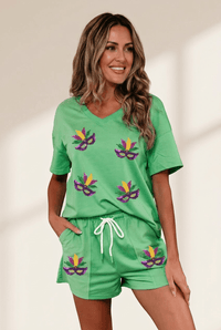 
Women's Mint Green Mardi Gras Sequin Tee and Drawstring Shorts Set
