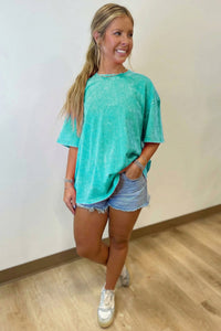 Mint Green Solid Color Cotton Mineral Washed Oversize Tee
