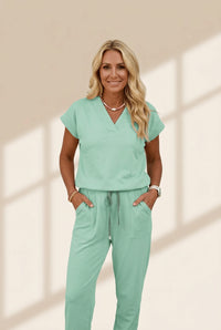 Women's Mint Green V-Neck Short Sleeve Top and Jogger Pants Set