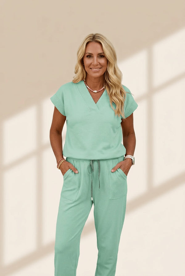 Women's Mint Green V-Neck Short Sleeve Top and Jogger Pants Set