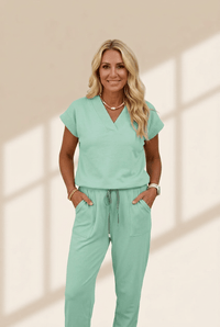 
Women's Mint Green V-Neck Short Sleeve Top and Jogger Pants Set