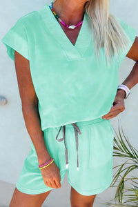 Mint Green V Neck Short Sleeve Top Drawstring Shorts 2pcs Set