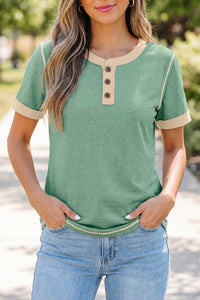 Mint Green Women's Color Block Henley Tee with Raw Seam Detail - Trendy, Comfortable Everyday Top for Effortless Style
