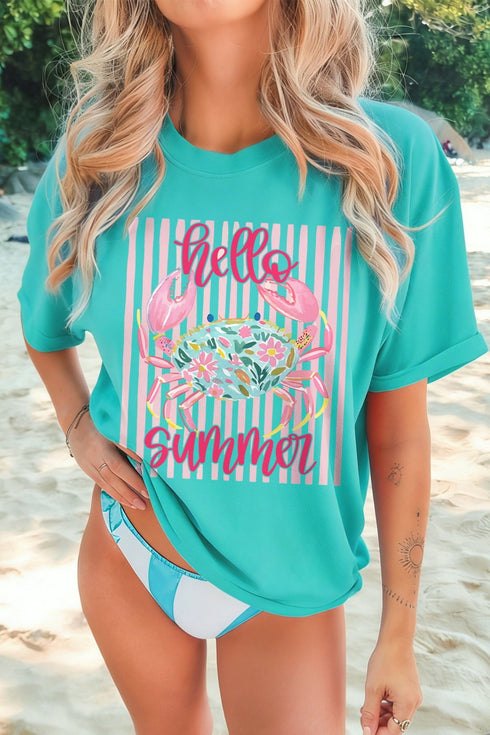 Mint Green Women's Loose Fit Short Sleeve T-Shirt with Playful Hello Summer Crab Graphic Design