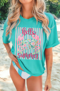 Mint Green Women's Loose Fit Short Sleeve T-Shirt with Playful Hello Summer Crab Graphic Design