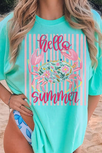 Mint Green Hello Summer Crab Print Loose Fit Short Sleeve T-Shirt