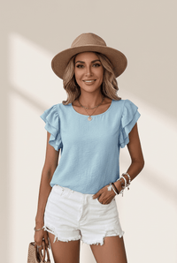 Women's Mist Blue Ruffled Cap Sleeve Blouse in Textured Chiffon
