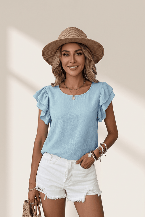 Women's Mist Blue Ruffled Cap Sleeve Blouse in Textured Chiffon
