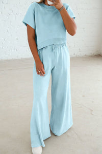 Women's Mist Blue Short-Sleeve Tee and Drawstring Wide-Leg Pant Set