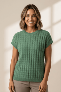 Women's Mist Green Textured Short Sleeve Knit Sweater Top