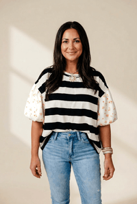 Women's Mixed-Media Striped and Floral Puff Sleeve Blouse