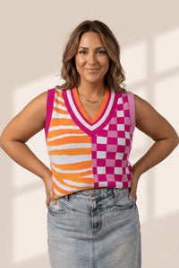 Women's Mixed Pattern V-Neck Sweater Vest in Fuchsia and Tangerine