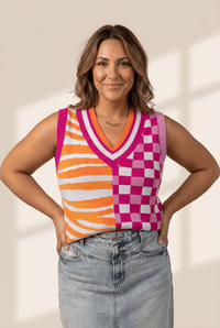 Women's Mixed Pattern V-Neck Sweater Vest in Fuchsia and Tangerine