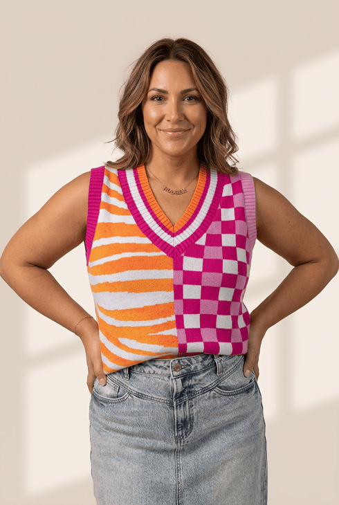 Women's Mixed Pattern V-Neck Sweater Vest in Fuchsia and Tangerine