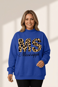 Women's MS Leopard Print Mock Neck Sweatshirt in Royal Blue