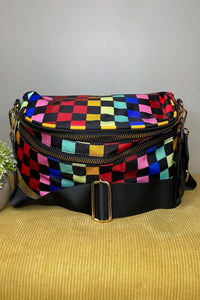 Women's Multi-Color Checkerboard Crossbody Bag with Gold Hardware