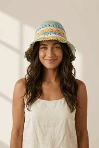 Women's Multi-Color Crochet Straw Bucket Hat with Scalloped Brim