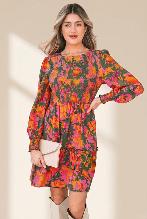 Women's Multi-Color Floral Smocked Mini Dress with Shirred Sleeves