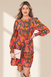 Women's Multi-Color Floral Smocked Mini Dress with Shirred Sleeves