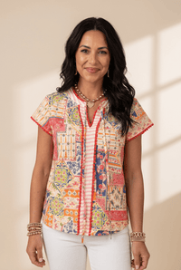 
Women's Multi-Color Patchwork Viscose Blouse with Red Pom-Pom Trim