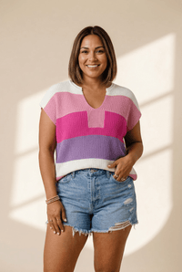 Women's Multi-Color Striped Knit V-Neck Sweater Tee