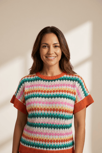 
Women's Multicolor Scalloped Pointelle Knit Short Sleeve Sweater