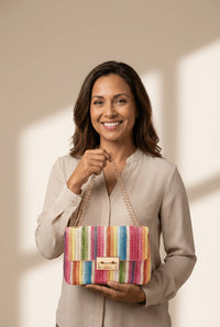 Women's Multicolor Striped Straw Flap Bag with Gold Chain