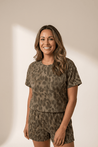 
Muted Leopard Print Lounge Set: Crew Neck Tee & Pocketed Shorts