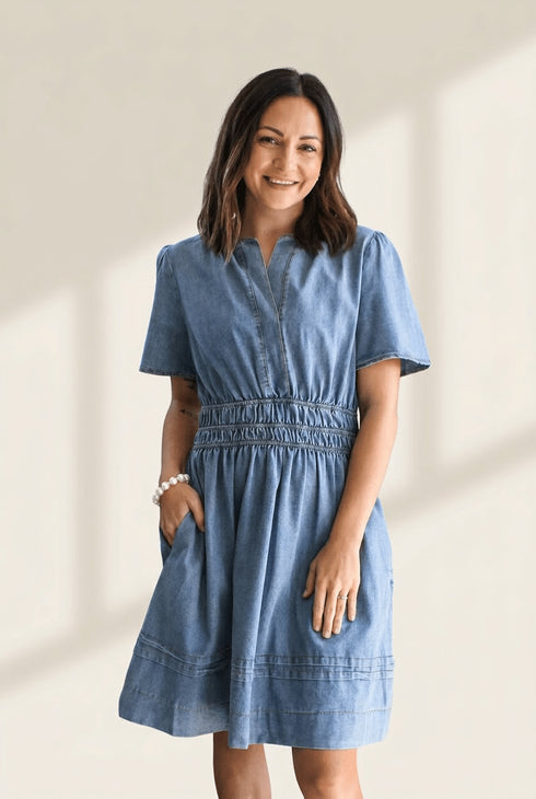 Women's Myosotis Blue Smocked Waist Denim Mini Dress