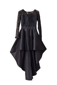 Mysterious Black Lace High-Low Satin Evening Gown