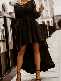 Mysterious Black Lace High-Low Satin Evening Gown