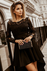 Mysterious Black Lace High-Low Satin Evening Gown