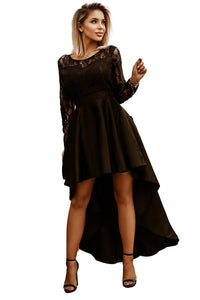 Mysterious Black Lace High-Low Satin Evening Gown