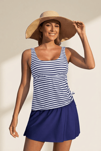 Women's Nautical Stripe Scoop Neck Tankini with Swim Skort