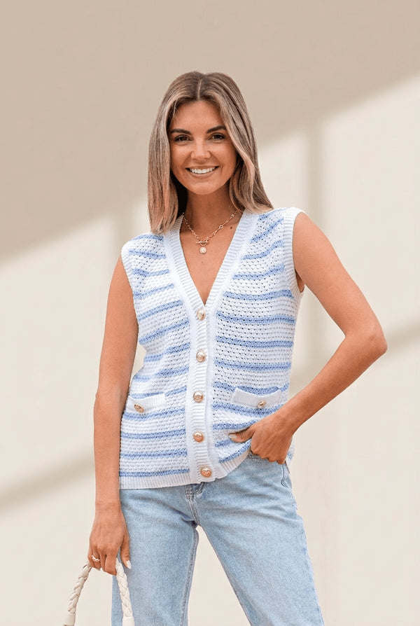 Women's Nautical Striped V-Neck Knit Sweater Vest with Gold Buttons