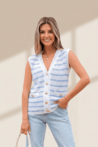 Women's Nautical Striped V-Neck Knit Sweater Vest with Gold Buttons