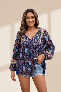 Women's Navy Blue Bohemian Floral Viscose Blouse with Tassel Ties