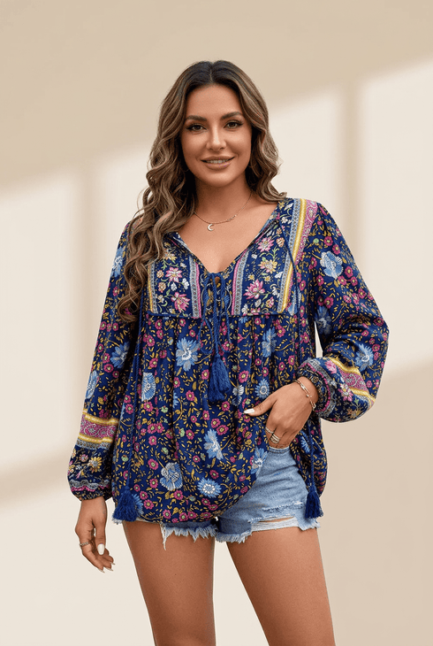 Women's Navy Blue Bohemian Floral Viscose Blouse with Tassel Ties