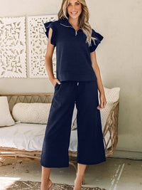 Navy Blue Ribbed Ruffle Sleeve Two-Piece Pant Set