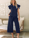 Half-Zip Ruffle Top and Wide Leg Pant Set