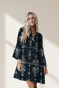 Navy Boho Floral Mini Dress with Lettuce Trim & 3/4 Sleeves