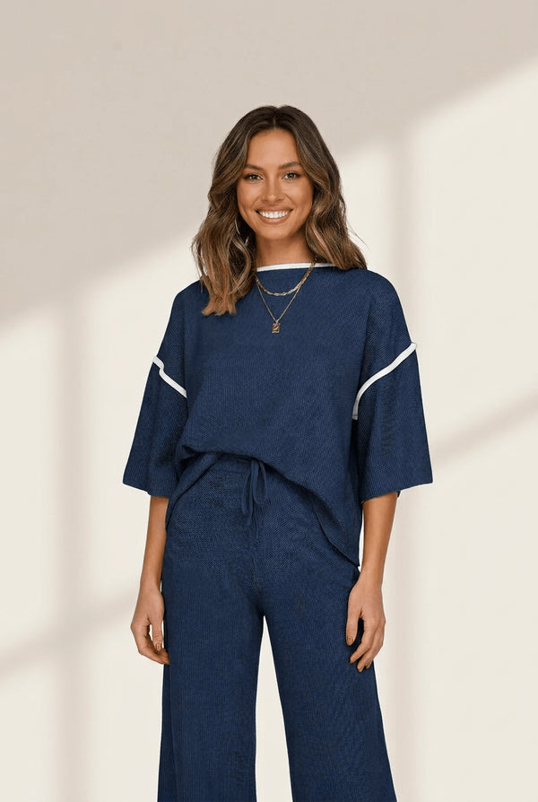 Women's Navy Contrast Piping Two-Piece Knit Lounge Set