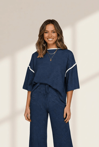 Women's Navy Contrast Piping Two-Piece Knit Lounge Set