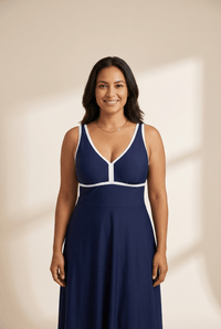 
Women's Navy Contrast Trim Swim Dress with Supportive High Waist
