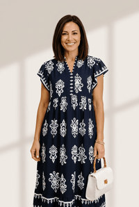 Women's Navy Medallion Print Midi Dress with Notched V-Neck