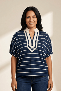 Women's Navy Striped Dolman Sleeve Blouse with Stand Collar