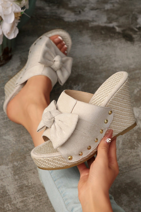 Women's Oatmeal Faux Suede Bow Wedge Slippers with Gold Studs