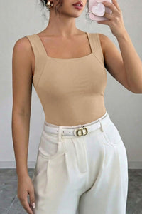 Oatmeal Solid Color Wide Strap Splicing Athleisure Tank Top